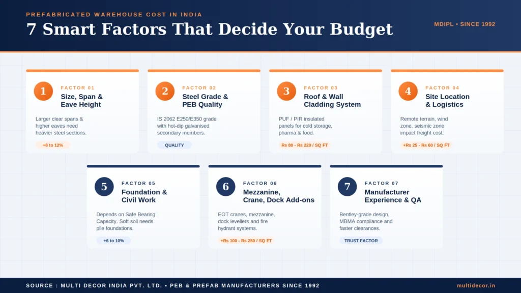 7 factors that decide prefabricated warehouse cost in India infographic