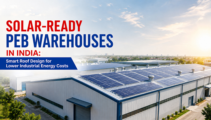 Solar-Ready PEB Warehouses in India with rooftop solar panels on an industrial building
