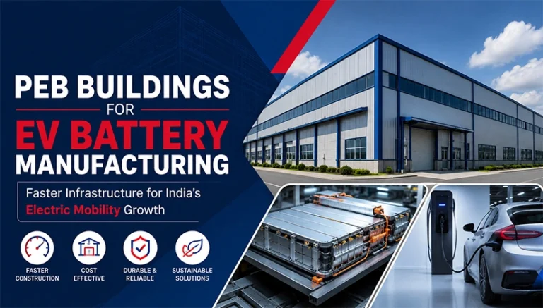 PEB Buildings for EV Battery Manufacturing with modern industrial facility and electric vehicle battery infrastructure