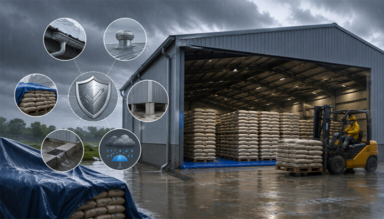 Cement godown with protected storage and drainage planning during monsoon conditions