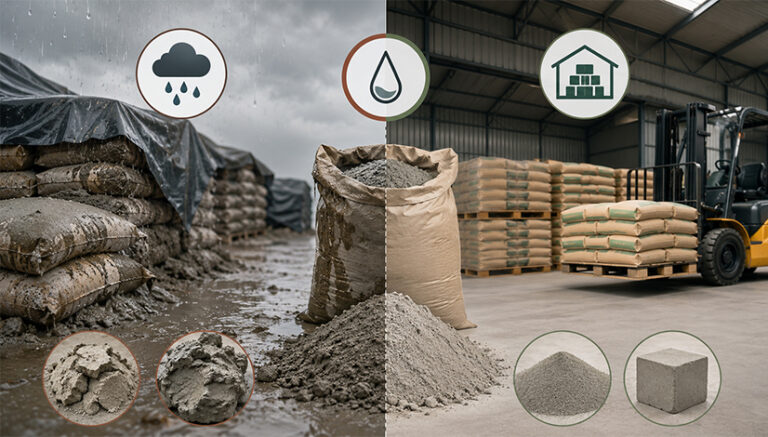 Cement storage showing moisture damage compared with dry protected material handling