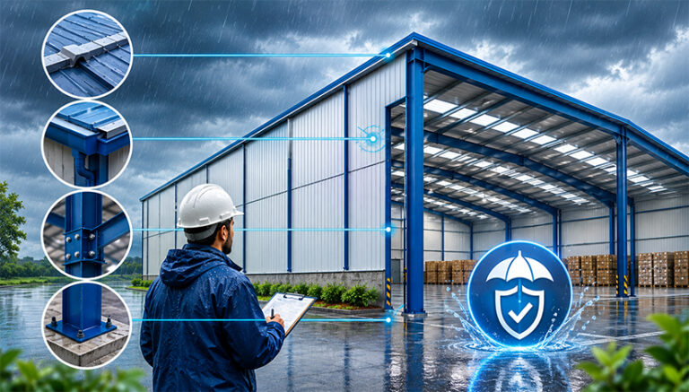 PEB Warehouse Construction in Monsoon with design measures for rain leakage rust and drainage