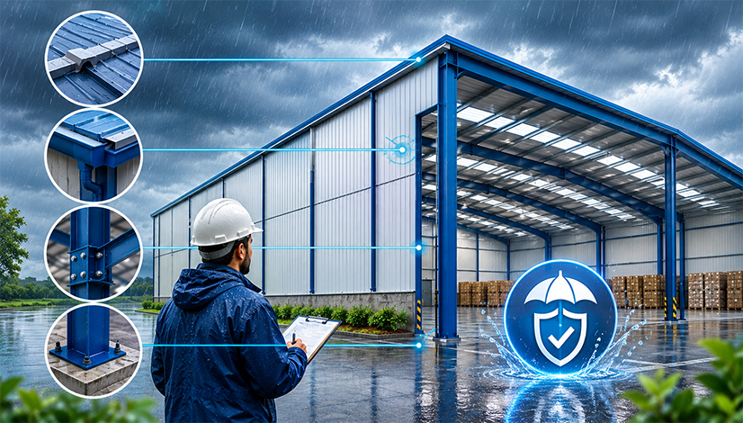 PEB Warehouse Construction in Monsoon with design measures for rain leakage rust and drainage