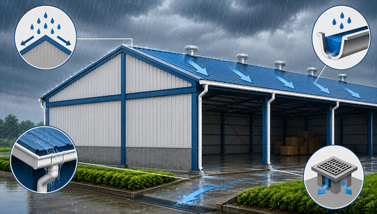 PEB warehouse roof slope gutters and drainage system for monsoon rainwater management