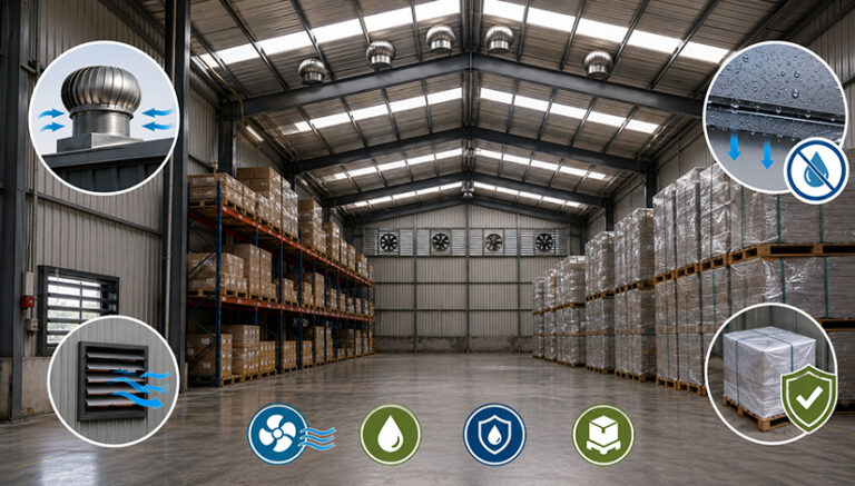PEB warehouse ventilation and condensation control for storage protection during monsoon