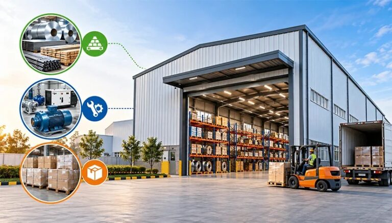 Illustrated prefab industrial store with a forklift, storage racks, and callouts for raw materials, equipment, and packaged goods