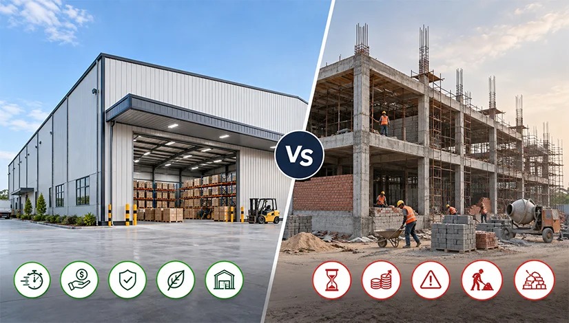 Side-by-side illustration of a prefab industrial store and a conventional concrete building under construction