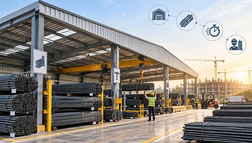 Prefabricated rebar yard with stacked steel bars, an overhead crane, workers, and a forklift